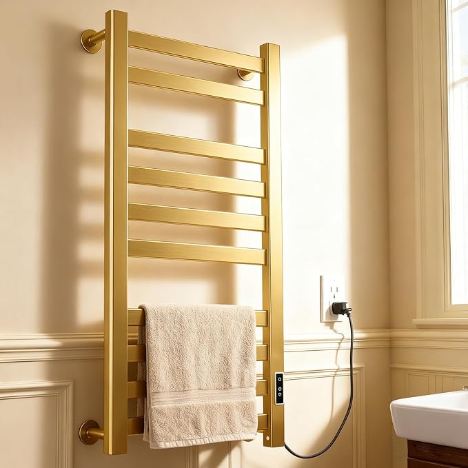 Verida Towel Warmer Rack, Heated Towel Rack for Bathroom, Wall-Mounted Plug (Not Hardwired), Aluminum Alloy, with Timer and Temperature Adjustment, Overheat Protection Function(Large Gold)