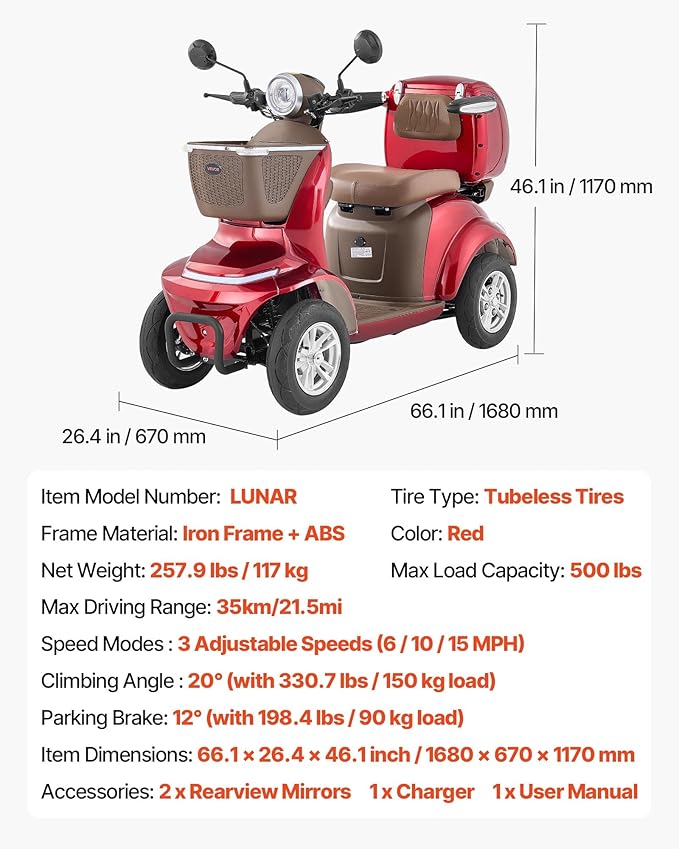 VEVOR Heavy Duty 4-Wheel Mobility Scooter, Powerful 1000W Brushless Motor, 500 lbs Capacity, 21.5 Miles Long Range, All Terrain Mobility Scooter with Lockable Trunk for Seniors & Adults