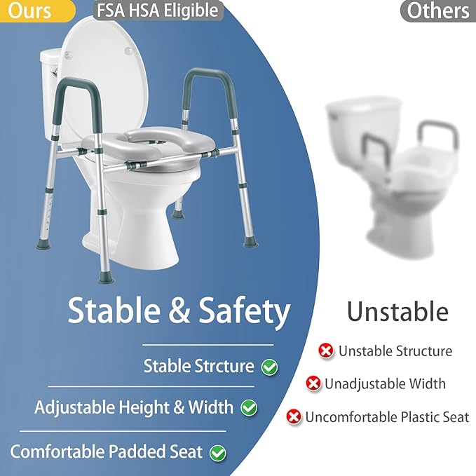 Raised Toilet Seat with Handles, FSA HSA Eligible Toilet Seat Riser for Seniors with Adjustable Height & Width, 400lb Padded Elevated Toilet Seat for Elderly, Handicap and Disabled, Fit Any Toilet