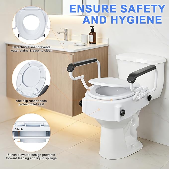 Raised Toilet Seat with Handles - Adjustable Height - Add 5 inches - Toilet Seat Risers for Seniors - Supports 300lbs - for Standard/Round Toilet, Includes Lid, Elevated Toilet Seat, White