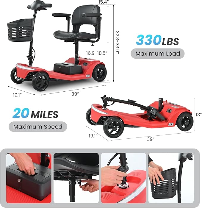 Mobility Scooter for Seniors and Adults M2 Red, USB Port for 20 Miles Long Range Foldable Electric Scooter, 260W Motor, 330 LBS Heavy Duty Capacity, Portable and Lightweight for Travel