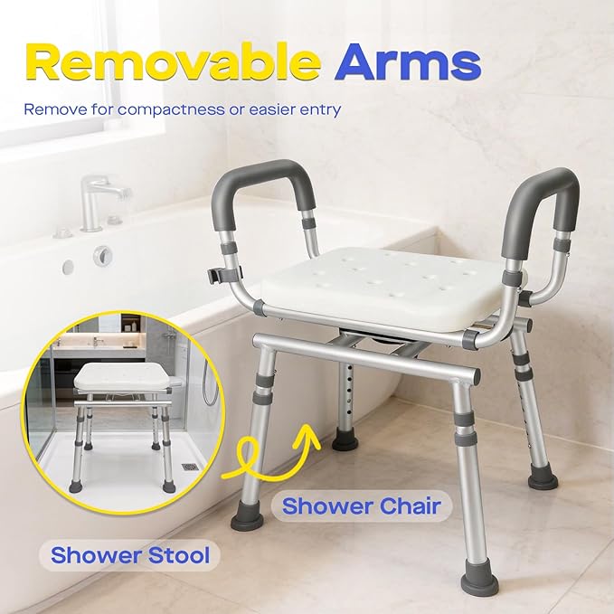 360° Swivel Shower Chair with Arms, Heavy-Duty Shower Stool for Inside Shower Stall and Tub, Safety Height Adjustable Shower Seat for Elderly and Disabled