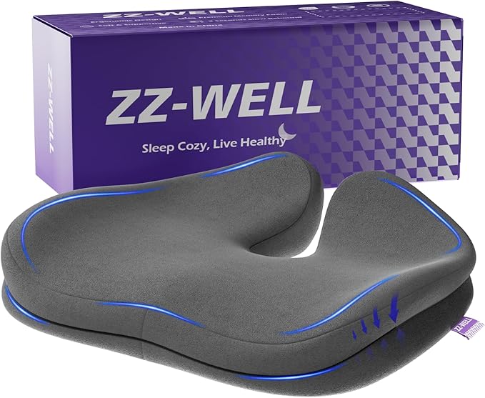 ZZ-WELL Seat Cushions for Office Chairs, Car Seat - Patented Coccyx Cushion for Tailbone Pain - Memory Foam Butt Cushion for Pressure Relief - Carry Handle & Non Slip Bottom (Grey)
