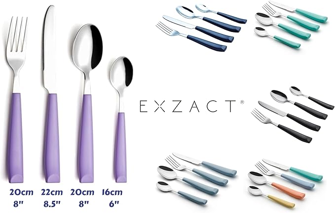 EXZACT 24-Piece Flatware Set for 6 – Mixed Colored Stainless Steel Cutlery with Wide Plastic Handles – Comfortable Tableware: Forks, Knives, Spoons, Teaspoons