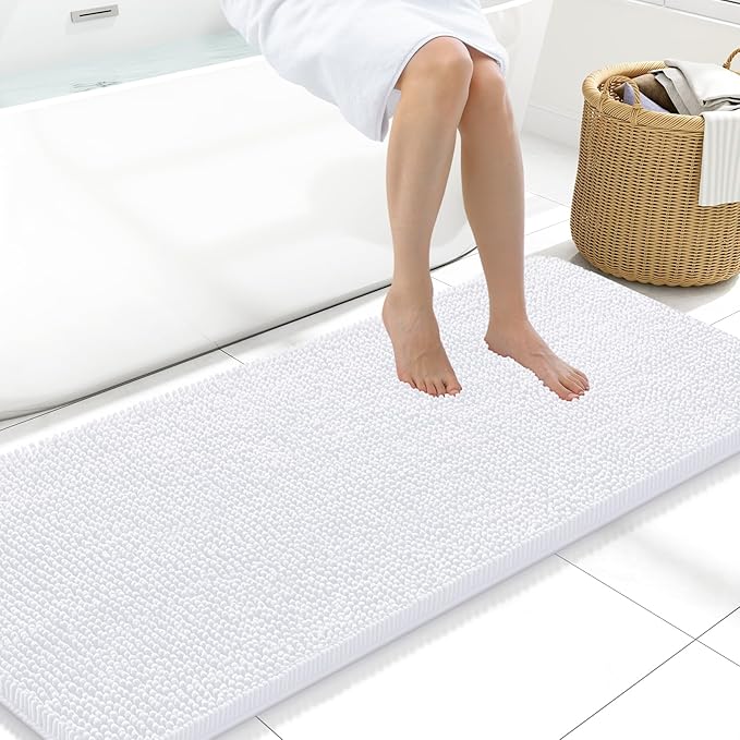 Arotive Bathroom Rugs 59x20, Extra Soft Absorbent Shaggy Chenille Bath Rugs, Machine Washable Rubber Backing Non-Slip Bath Mats for Bathroom Floor Tub and Shower, Home Decor Accessories,White