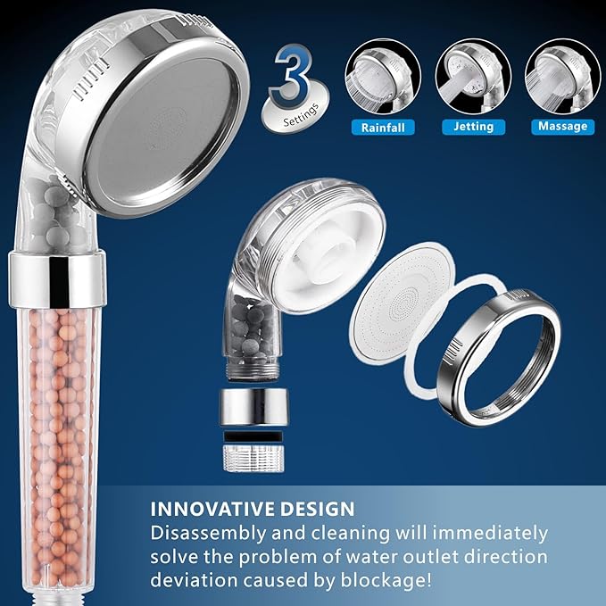 Voolan High Pressure Rain Shower Head with Handheld Spray Combo, Hand Held Filter Showerhead with Self-adhesive Holder and 59" Hose (Round, Chrome)