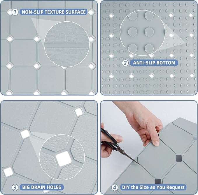 Shower Mat Non Slip 21"x21" Silicone Foldable Bath Mat with Suction Cups & Drain Holes, Odorless, Eco-Friendly & Durable, Machine Washable Shower Stall Mat for Adults, Seniors Grey