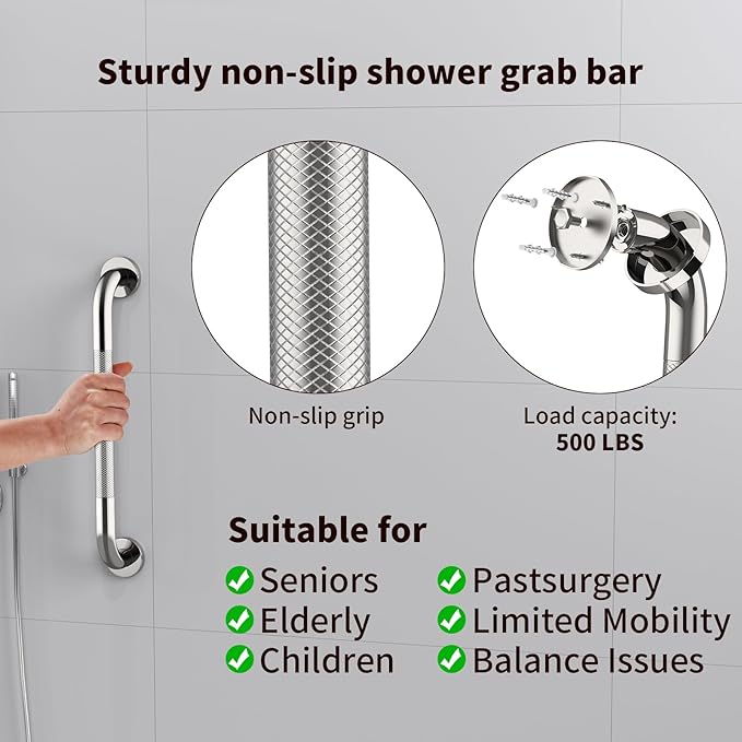 2 Pack 24 Inch Anti Slip Shower Grab Bar Handles, ZUEXT Chrome Stainless Steel Knurled Bathroom Balance Bar, Safety Hand Rail Support,Handicap Elderly Injury Senior Assist Bath Handle(1.25" Diameter)