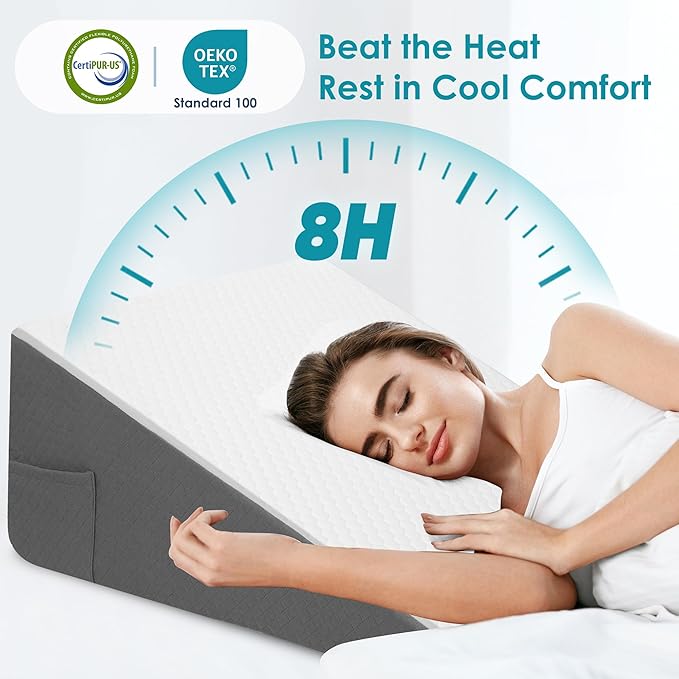 12 inch Bed Wedge Pillow for Sleeping, Reading & Resting, Cooling Memory Foam Incline Pillow Wedge for Adults Seniors, Ideal for Couch, Bedroom & Living Room, Removable Washable Cover