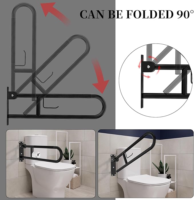 Toilet Grab Bar 30.3 Inch, YuanDe Flip Up Grab Bar with Paper Holder,Matte Black Anti-Slip Safety Bars for Toilet, Stainless Steel Knurled Toilet Handles for Seniors Disabled Elderly Pregnant