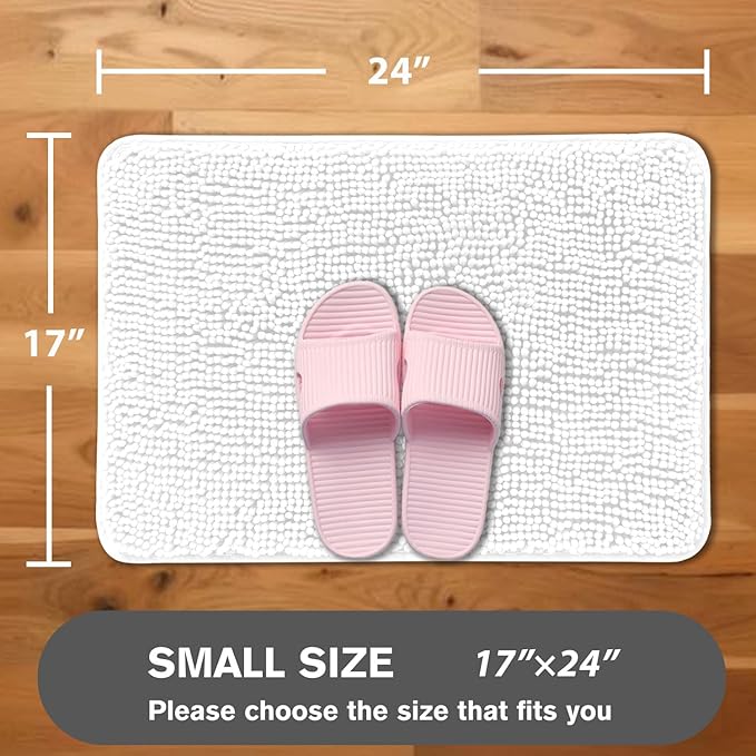 White Bathroom Rugs – Absorbent and Washable Bath Mat, Non-Slip, Thick Soft Chenille Bath Rugs for Bathroom Floor, Shower, Sink - 17" x 24"