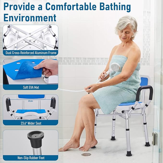 Shower Chair for Elderly and Disabled: U-Shape Shower Seat with Non-Slip Silicon Pad for Bariatric with Arms & Back, Height Adjust & 500lbs Heavy Duty Shower Chair for Inside Shower