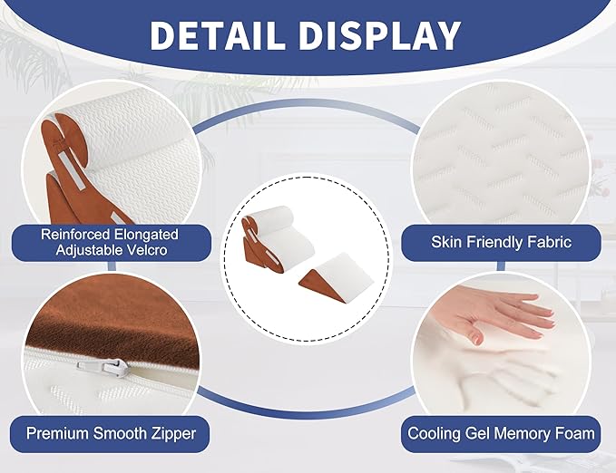WSOFRLAC Orthopedic Bed Wedge Pillow Set 4PCS – Memory Foam Pillows for Sleeping, Post Surgery, Back Pain, Sitting Up in Bed, Acid Reflux, Snoring, Leg & Arm Support, White Brown