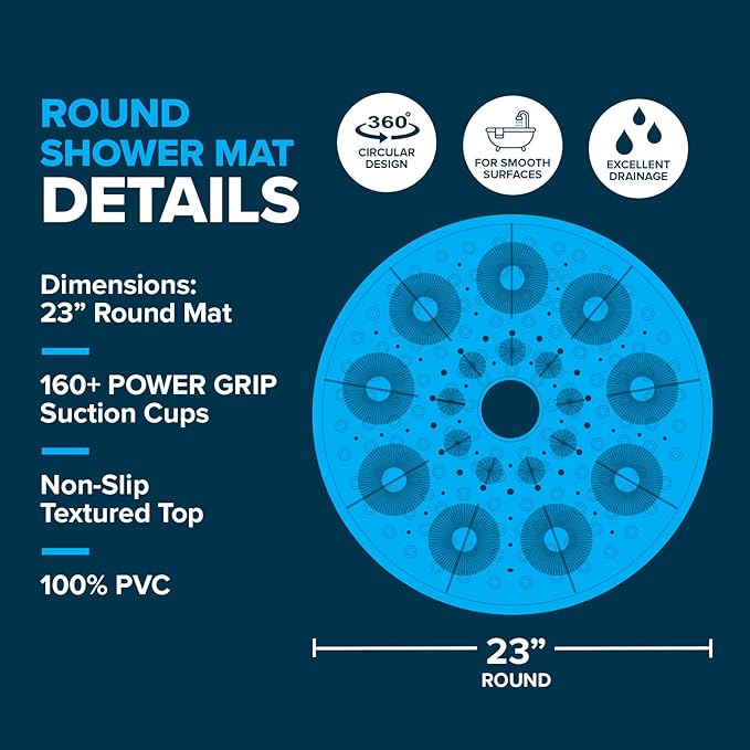 SlipX Solutions Power Grip Round Vinyl Standard Shower Stall Mat, 23” Round, Non-Slip for Elderly & Kids Bathroom, Essential Coverage, Drainage, 160 Suction Cups, Retro Style (1, Clear)