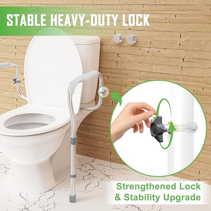 Toilet Safety Rail for Seniors with 2 Reinforced Nuts, Height & Width Adjustable Toilet Safety Frame for Elderly, Handicap & Disabled Bathroom Assist Rail with Armrests 250 LB (Grey)