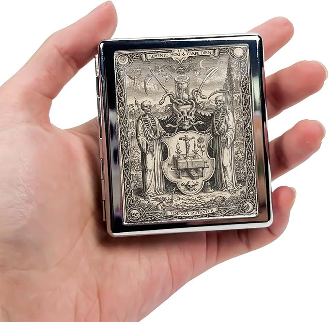 Pill Organizer Box with Mirror,8 Compartment Chrome Pill Case, Pocket-Size Travel Pill Container for Vitamins, Seniors, Daily Use,Rectangle 7 Days Pill Box Pill Case (The Two Guarding Skeletons)
