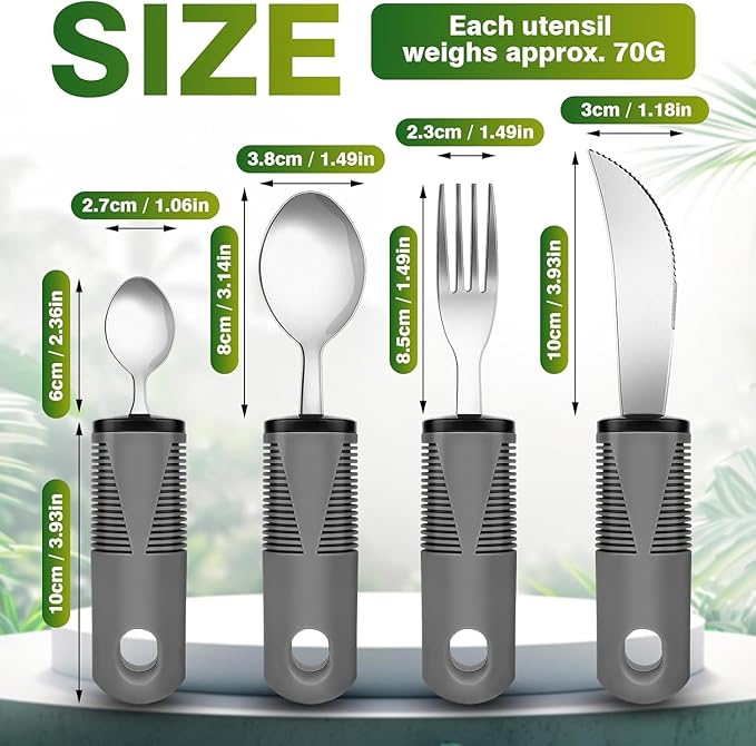 4-Piece Set Adaptive Utensils for Hand Tremors, Parkinson's, Arthritis - Weighted, Easy Grip, Extra Wide Handles - Knife, Fork, Spoon, Teaspoon - Grey