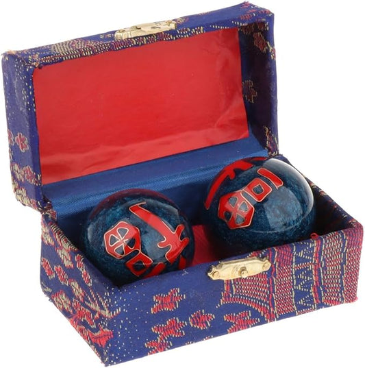 2 Pieces Hand Massage Balls, Chinese Exercise Handballs with Storage Box, Compact Relaxation, Chinese Baoding Balls, for Kids Seniors, Fu Word Blue