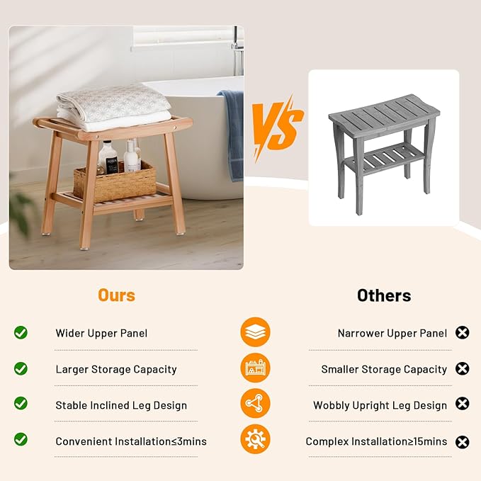 Bamboo Shower Bench for Inside Shower to Sit on,Waterproof Shower Stool for Shaving Legs,Spa Bathroom Shower Chair with Storage Shelf, Bathroom Bench Seat for Senior Adult Disabled Elderly
