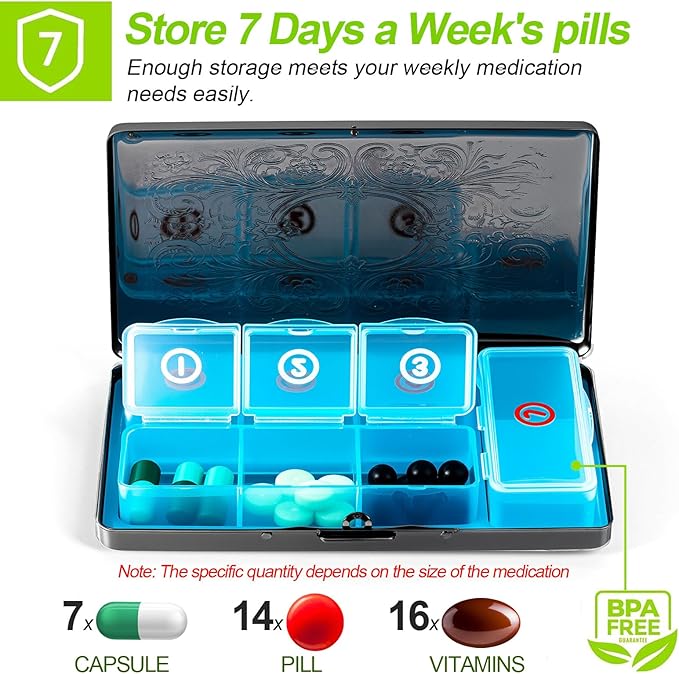 Pill Organizer with 3 Compartments 7 Day Metal Pill Box for Fish Oil/Food Supplements Travel Pill Box. (Rectangle-Black, Large Rectangle)