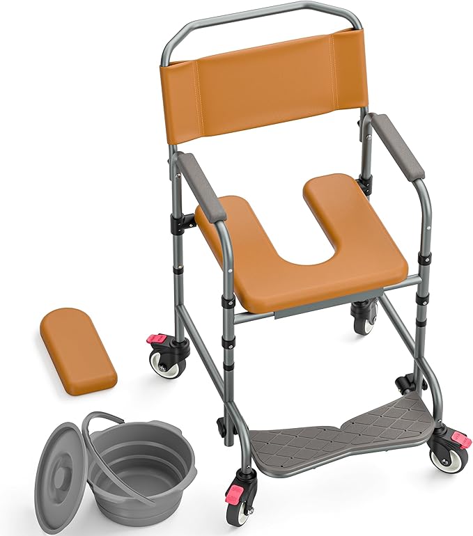 Shower Chair with Wheels, Two Modes Bedside Commode with Wheels, Aluminum Shower Wheelchair with Footrest, Portable Toilet with Bucket for Elderly and Disabled, 300 LBS Weight Capacity