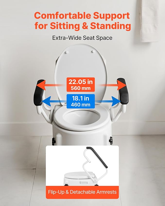 VEVOR Raised Toilet Seat with Arms, 300 lbs Load Capacity, 3-Level Adjustable Height, Widened Commode Elevated Toilet Seat Riser with Padded Handles for Seniors, Elderly, Handicap, Disabled, Adults