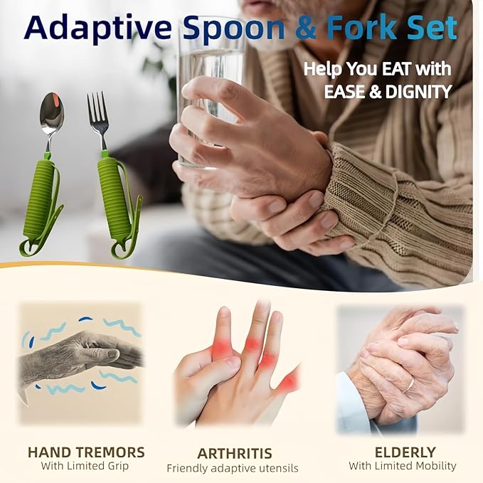 2PK Weighted Spoon & Fork Set - Lime Green Hollow Silicone Grip with Secure Strap, 45° Adjustable for Left/Right Handed, Fillable Weight Up to 7 Oz, for Hand Tremors Parkinson’s Elderly
