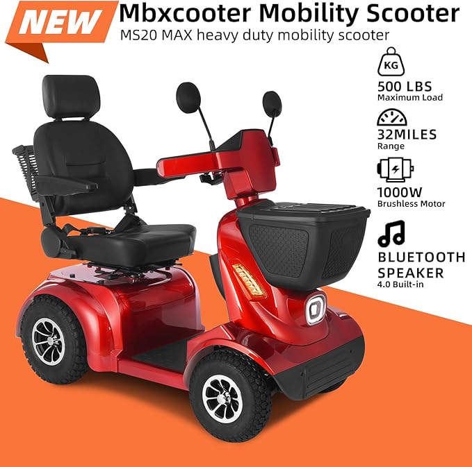 Heavy Duty Mobility Scooter for Seniors/Adults, 500LBS Capacity Electric Scooter, All Terrain Mobility Scooters, 1000W 15MPH, 13.78" Off Road Tires,32 Miles Long Range 4 Wheel Scooter, Red 32Miles