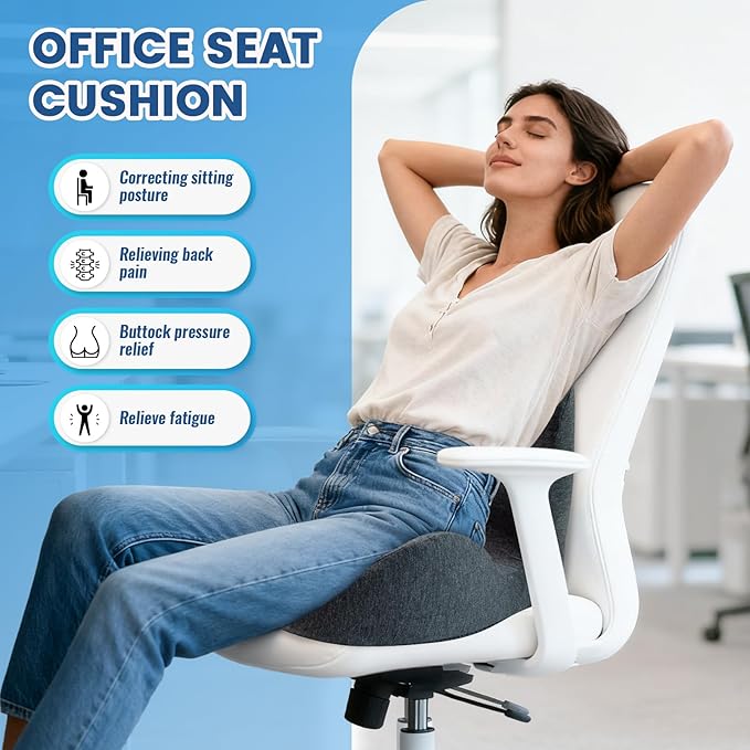 Seat Cushion - Memory Foam Cushion for Office Chair, Lumbar Support Pillow One Piece, for Sciatica & Tailbone Pressure Relief Coccyx Pad for Long Sitting Office Chair, Wheelchair, Home, Office