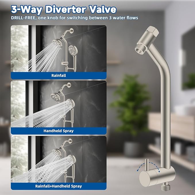 All Metal Dual Shower Head Easy Reach, High Pressure 10-Spray Handheld & Rainfall Shower Head Combo with Shower Extension Arm, 71" Hose, 3-way Diverter, Brass Shower Bracket, Brushed Nickel