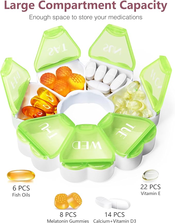 MOLN HYMY Large Weekly Pill Box 7 Day, Cute Pill Case Organizer 1 time a Day, Floral Pill Container Once Daily, Pretty Medicine Dispenser for Vitamin/Fish Oil/Medication/Supplements (Green)