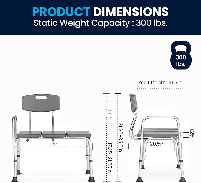 Flash Furniture HERCULES Series 300 Lb. Capacity Adjustable Gray Bath & Shower Transfer Bench with Back and Side Arm