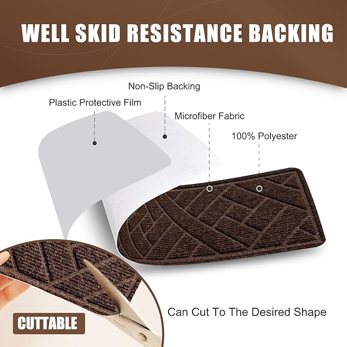 15 Pack 8 "X 30" Non-Slip Carpet Stair Treads for Indoor Wooden Steps, Made of Polyester and Reusable Adhesive, Suitable for Kids Elders and Pets（Brown Lines）