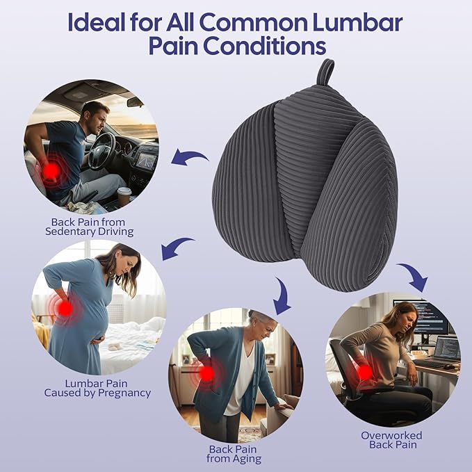 Lumbar Support Pillow for Recliner, Back Support Pillow for Office Chair, Back Cushion with Shredded Foam for Back Pain Relief & Reading, Lumbar Cushions for Couch, Sofa Seat, Car, Grey
