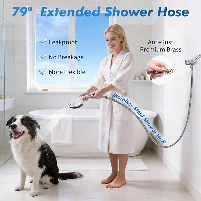 Handheld Shower Head with Hose, 10-Mode High Pressure Rainfall Showerhead with Filter & Extra Long 79” Hose, Adjustable Height Hand Held Shower Sprayer with Adhesive Shower Head Holder