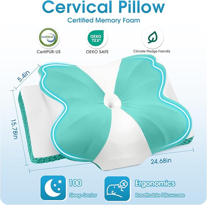 CloudBliss Cervical Memory Foam Pillow for Neck and Shoulder, Contour Neck Support Pillow with Cooling Case, Ergonomic Bed Pillow, Support for Side Back Stomach Sleepers (Green, Queen Size)