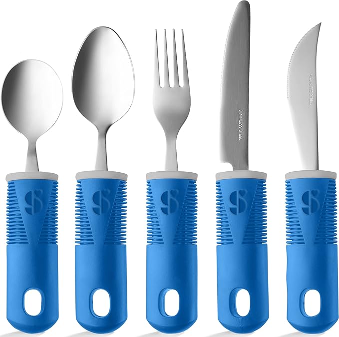 Special Supplies Adaptive Utensils (5-Piece Kitchen Set) Wide, Non-Weighted, Non-Slip Handles for Hand Tremors, Arthritis, Parkinson’s or Elderly Use - Stainless Steel (Blue)