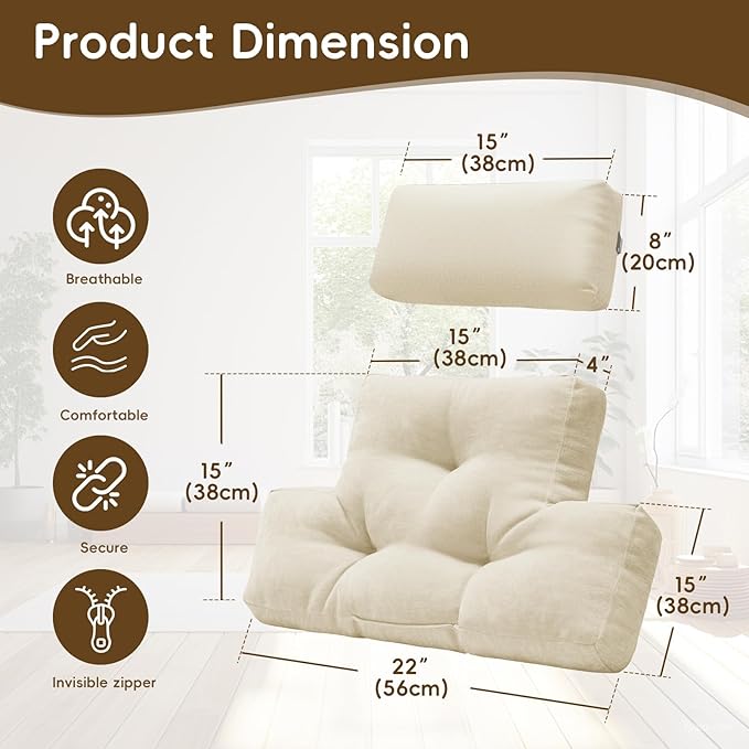 Neck Pillow Lumbar Support for Recliner, Soft and Fluffy Back Support Cushion for Chair with Adjustable Headrest Pillow, Back Rest Pillow for Office Chairs, Recliners, Couch, Sofa Pain Relief, Beige