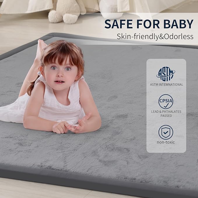 ACOMOPACK Baby Play Mat for Floor 1.3" Thick Memory Foam Play Mat 59"×71" Tummy Time Crawling with Non-slip Bottom for Living Room,Nursery,Soft Velvet Playpen Mats for Kids,Infants（Dark Grey）