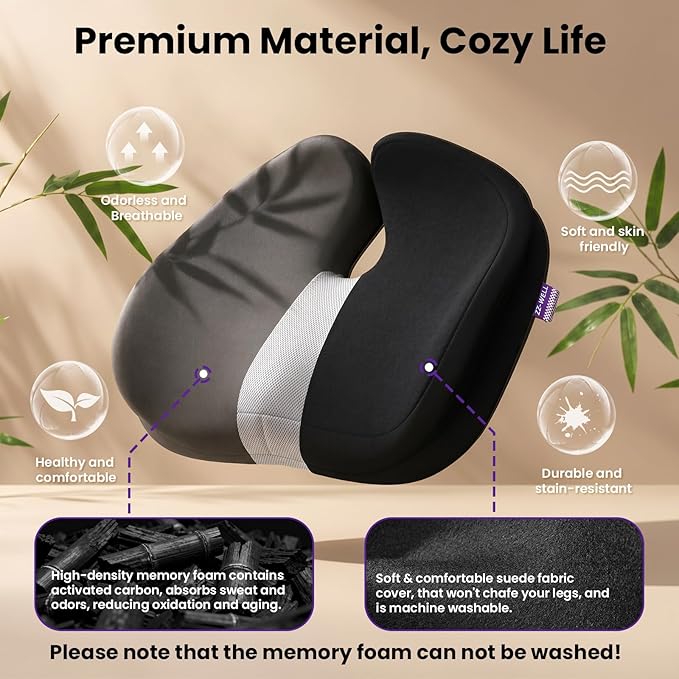 ZZ-WELL Seat Cushions for Office Chairs - Patented Coccyx Cushion for Tailbone Pain - 21.2" W x 16.5" L Memory Foam Extra Large Seat Cushion, Removable & Machine Washable Cover (Black)