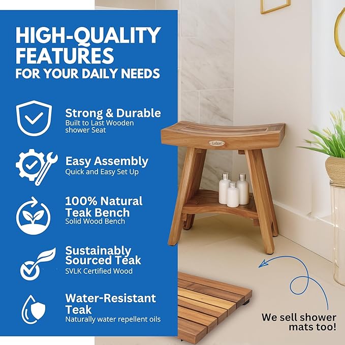 EcoDecors Serenity Teak Shower Bench – 18 Inch, Natural Finish + Loveable 24 oz Teak Oil + Loveable 32 oz Teak Cleaner + Loveable 16 oz Protexion Sealer