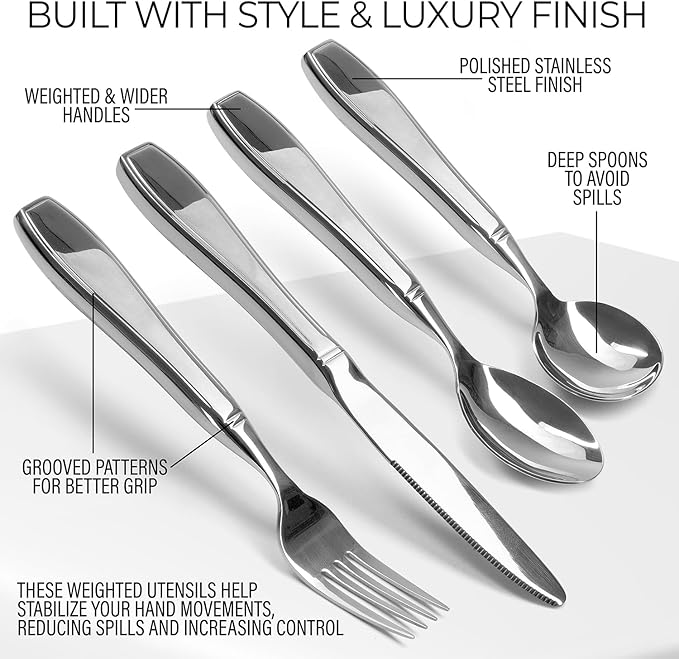 Weighted Utensils for Hand Tremors and Parkinson's Patients - 4 Piece Set Weighted Silverware for Elderly, Arthritis, Weak Hand Grip - Convenient Travel Bag, Stainless Steel, 7 Oz