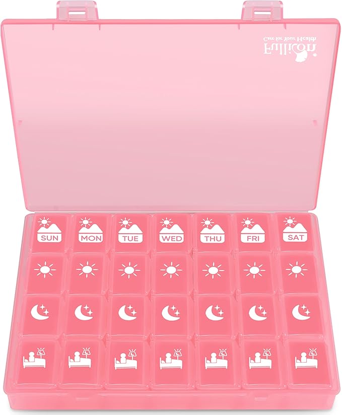 Fullicon Extra Large Weekly Pill Organizer 4 Times a Day, XL Large Pill Box, 7 Day Medicine Organizer, Pill case for Vitamin/Fish Oil/Supplements (Pink)