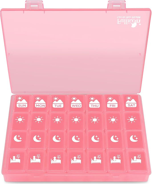 Fullicon Extra Large Weekly Pill Organizer 4 Times a Day, XL Large Pill Box, 7 Day Medicine Organizer, Pill case for Vitamin/Fish Oil/Supplements (Pink)