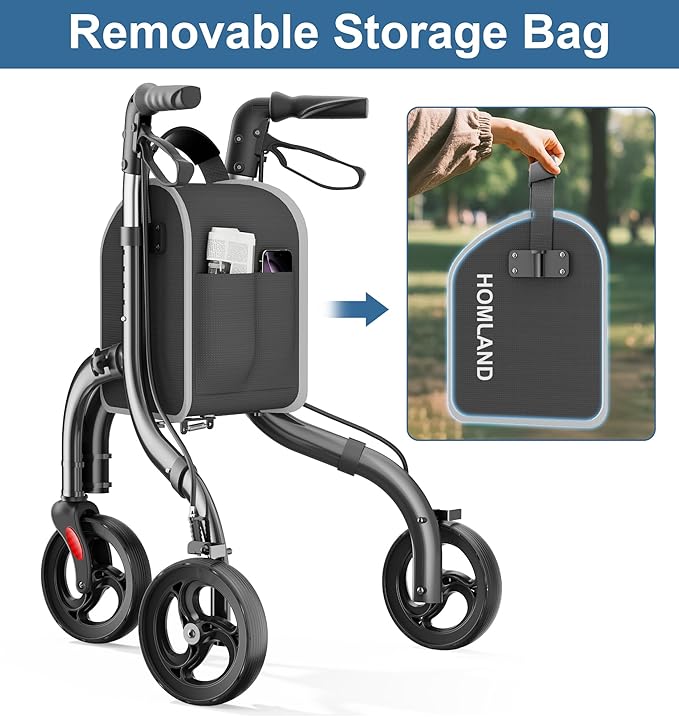 HOMLAND 3 Wheel Walkers for Seniors, Lightweight Foldable Aluminum Three Wheel Walker, Height Adjustable Compact Rollator Walker with Removable Storage Bag