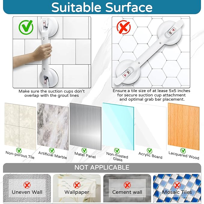 Suction Grab Bar for Shower Bathtub, Heavy Duty Shower Handle with Strong Suction Cup for Bathroom Wall, Max 269lbs Safety Handrails Non-Slip Grip for Seniors Elderly Disabled Handicap, 17 Inch White