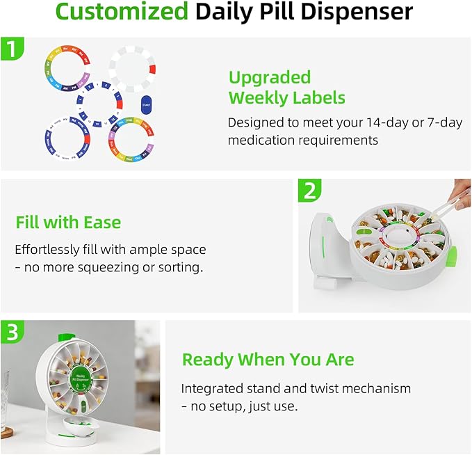 14-Day Standing & Wall-Mounted Pill Dispenser, Easy to Use for Seniors & Arthritis, Push Button Medication Organizer with Large Compartments for Fish Oil/Medicine/Vitamin/Supplements, Green
