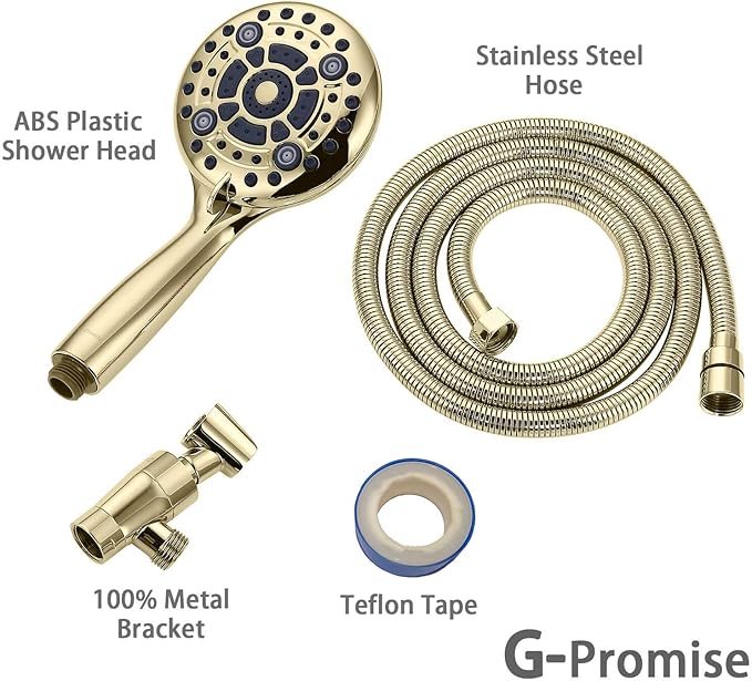 G-Promise Handheld Shower Head High Pressure 6 Spray Settings, Detachable Hand Held Showerhead 4.9 Inch Face with Extra Long Flexible Hose and Metal Adjustable Bracket
