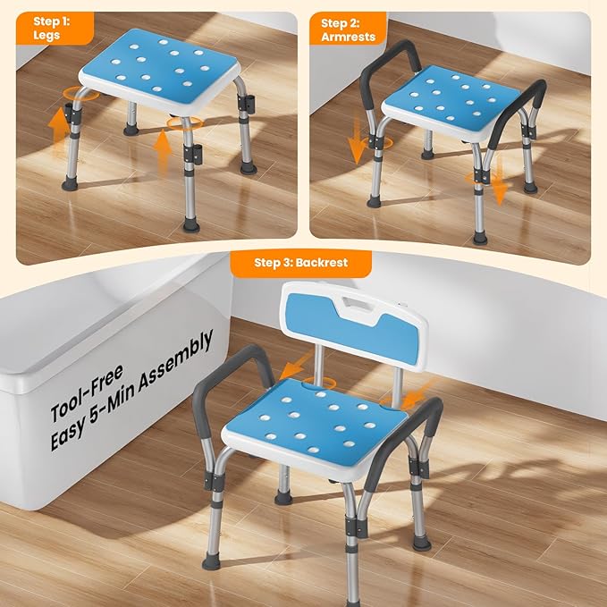 Shower Chair for Inside Shower [Military Grade] [500 lbs Heavy Duty] Shower Seat with Arms and Back for Bathtub, [FSA/HSA Eligible] Height Adjustable Safety Bath Seat for Elderly and Disabled, Blue