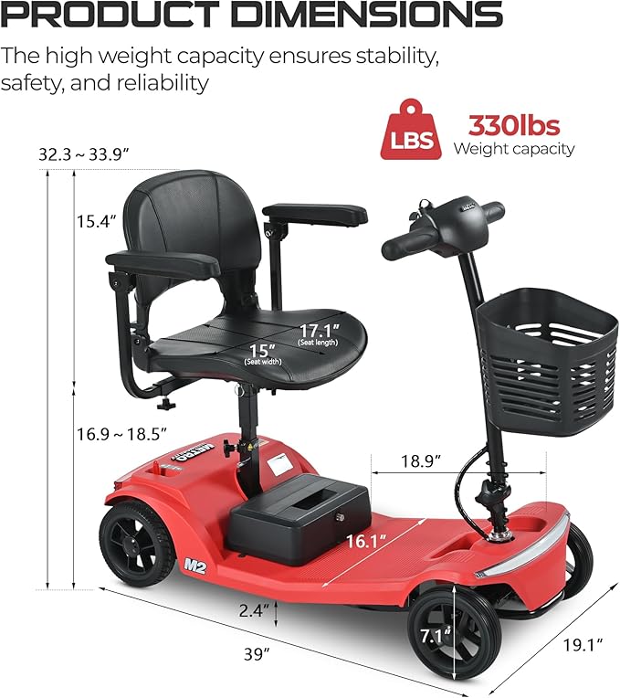 Metro Mobility 4 Wheel Powered Mobility Scooters, 330 lbs Capacity Mobility Scooters for Adults, Folding Mobility Scooter Lightweight, Electric Scooters for Seniors 20 Miles Range LED Light Red